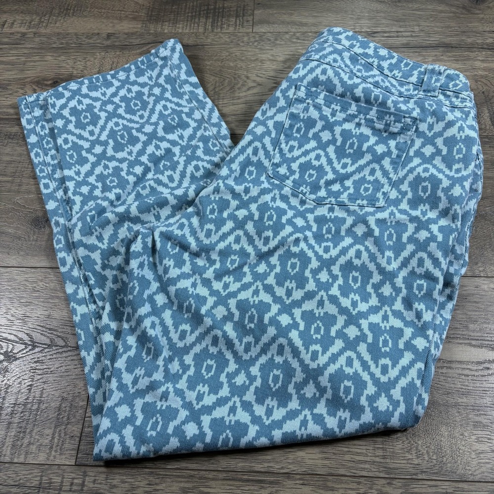 Denim 24/7 Jeans Womens 14W Teal Ikat Print High Rise Straight‎ Stretch